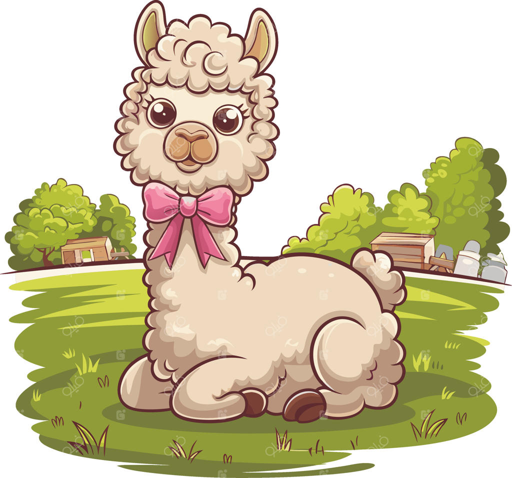 تصویرسازی آلپاکای بامزه با پاپیون صورتی در چراگاه آفتابی