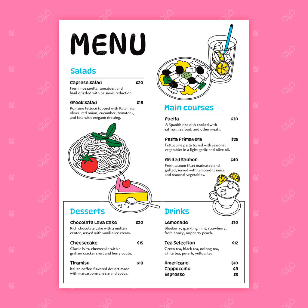 پترن منوی غذا و نوشیدنی با طراحی دستی