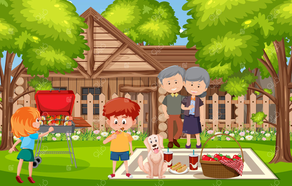 صحنه پیک‌نیک با خانواده شاد در باغ