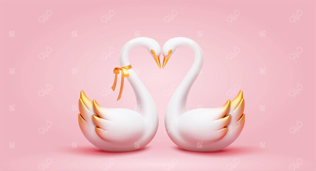 زوج قوهای سفید سه‌بعدی و شیک با نقاشی طلایی روی بال‌ها و دم‌ها، مناسب المان‌های روز ولنتاین، بر روی پس‌زمینه صورتی
