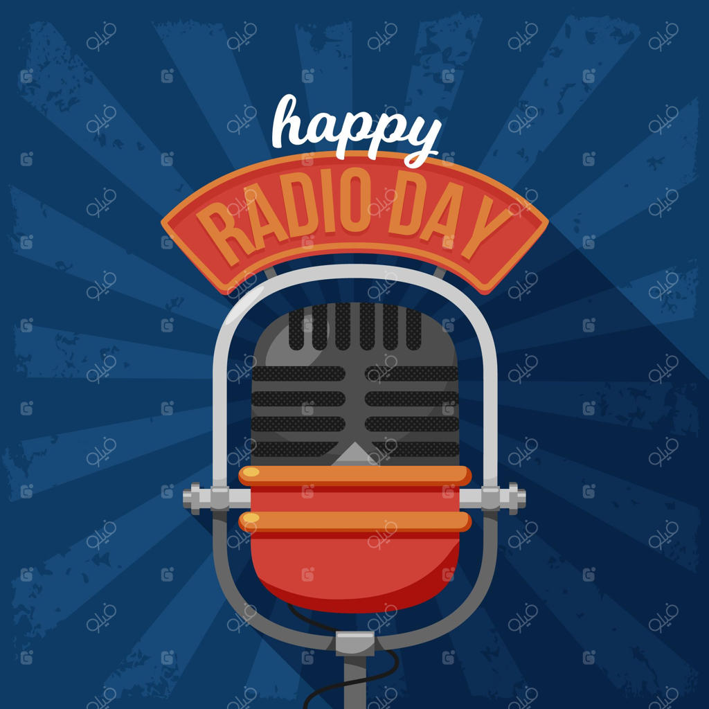 طراحی پس‌زمینه روز جهانی رادیو با میکروفون به سبک تخت