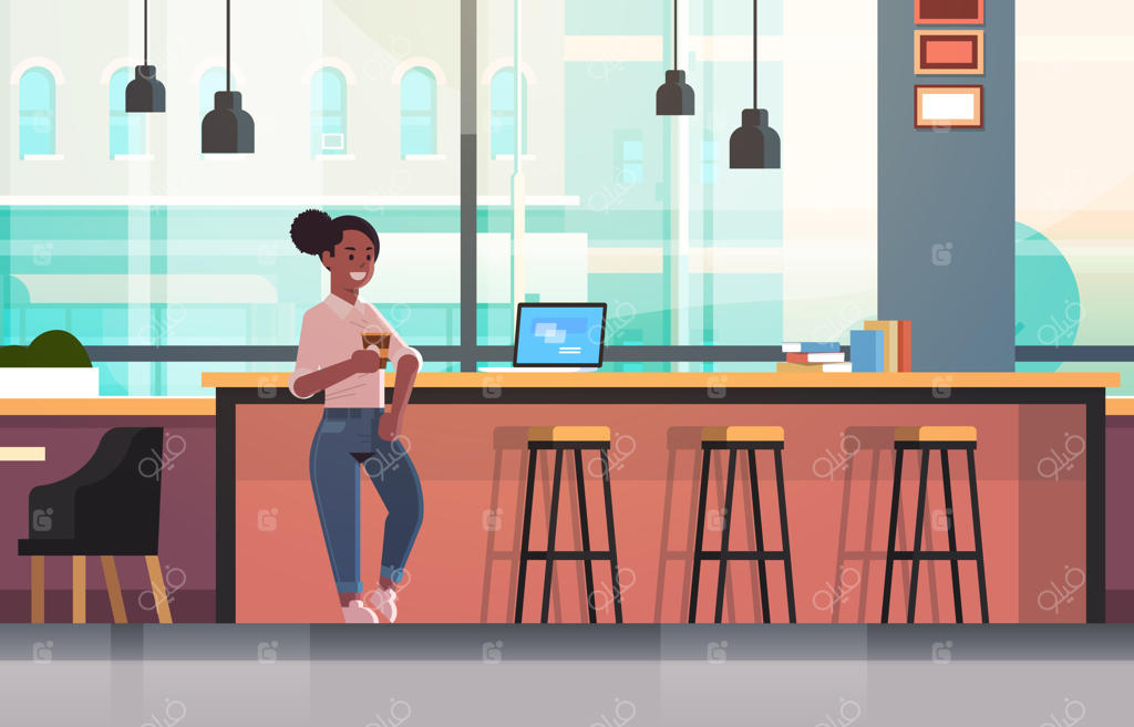 مفهوم استراحت کاری: بیزنس‌وومن در حال نشستن روی صندلی در کافی‌شاپ و نوشیدن کاپوچینو و کار با لپ‌تاپ