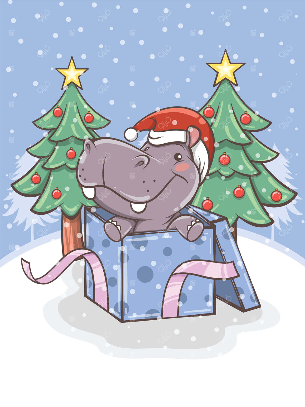 تصویر کارتونی هیپوی بامزه با جعبه هدیه و درخت کریسمس