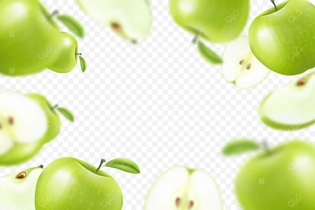 سیب‌های رنگارنگ در پرواز: زمینه تبلیغاتی با سیب‌های سبز در حال سقوط و افکت محو، واقعیت‌گرایانه به صورت سه‌بعدی.