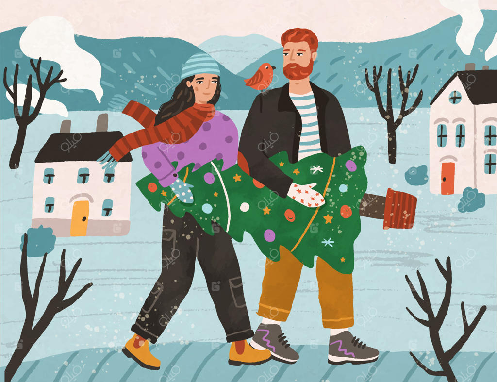 زوج جوان در حال حمل درخت کریسمس تزیین‌شده در روز برفی زمستانی. مرد و زن خوشحال در حال آماده‌سازی برای جشن سال نو. کارت پستال بافت‌دار، تصویرسازی مسطح.