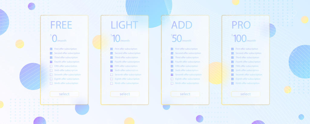 جلوه گلس‌مورفیسم؛ کارت اکریلیک شفاف و مات برای انتخاب طرح اشتراک با دایره‌های گرادینت زرد در پس‌زمینه سفید و آبی، فرم پلکسی‌گلس واقع‌گرایانه