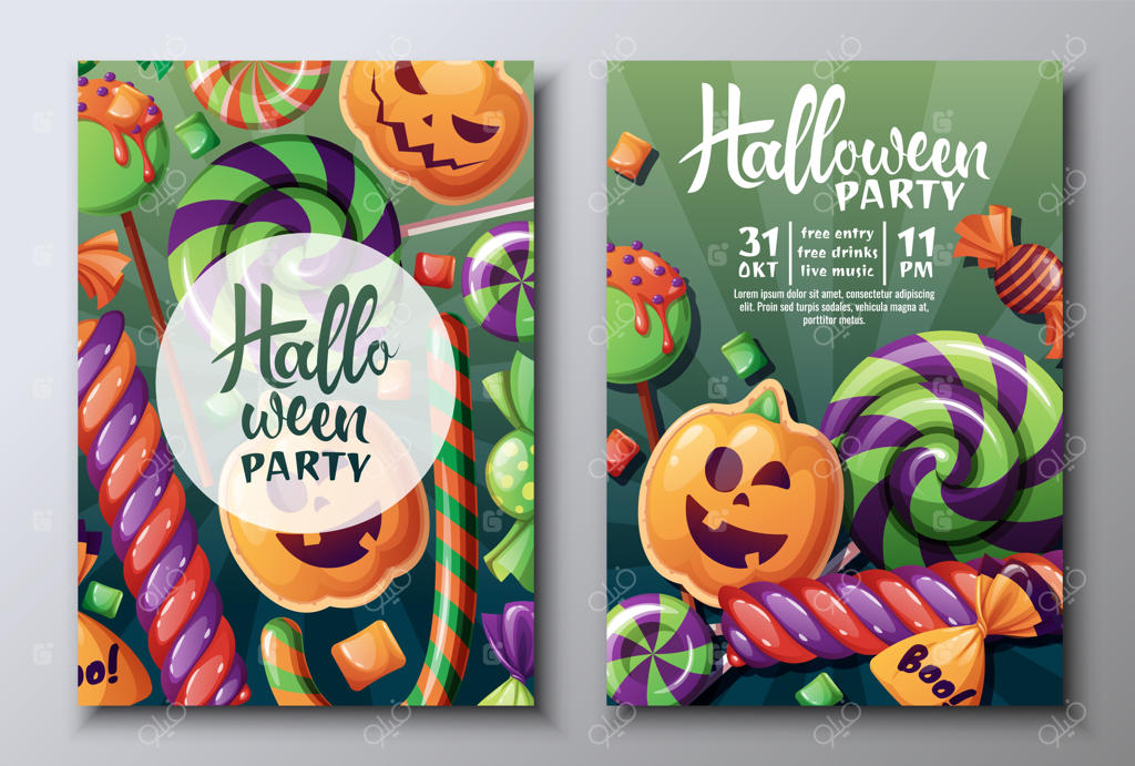 مجموعه وکتور کارت دعوت جشن هالووین یا کارت تبریک با طرح کوکی کدو تنبل