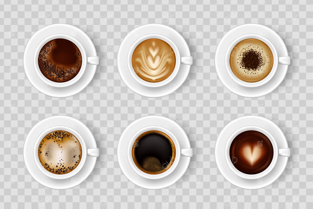 ست لیوان قهوه واقع‌گرایانه با نوشیدنی‌های داغ در رنگ‌های مختلف. نمای بالای لیوان قهوه.