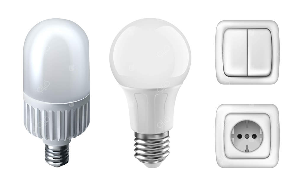 تصویری از لامپ‌های سفید، دوشاخه‌ها و کلیدهای برق. بر روی زمینه سفید