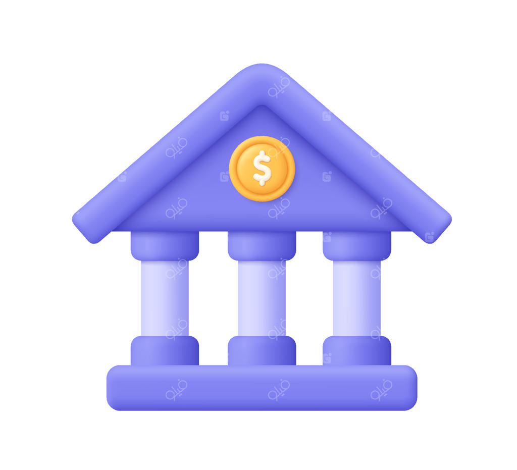 ساختمان بانک با ستون‌ها و سکه. بانکداری آنلاین، امور مالی، تراکنش‌های بانکی، خدمات بانکی. آیکون سه‌بعدی به سبک کارتونی و مینیمال.