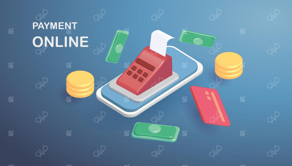 نماد گوشی و دستگاه کارت‌خوان، تراکنش پرداخت بی‌تماس، پس‌زمینه بنفش، خرید آنلاین با کارت قرمز