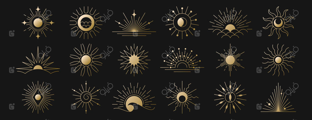 مجموعه لوگو طلایی طلوع بوهو خطی، آیکون‌های غروب، پرتو نور یا اشعه‌های خورشید صبحگاهی. طرح‌های دستی خورشید، اشعه‌های خورشیدی، نور خورشید. نمادهای عرفانی، عناصر طراحی طلایی بوهیما جادویی esoteric