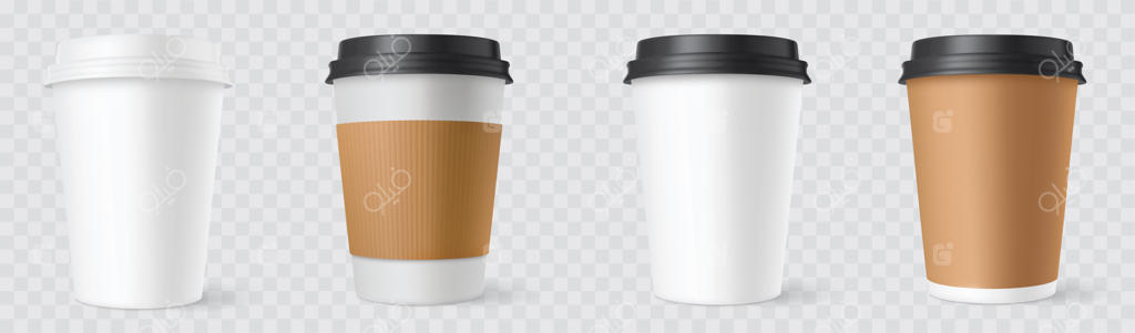 نمونه‌سازی سه‌بعدی لیوان‌های کاغذی قهوه روی زمینه سفید.