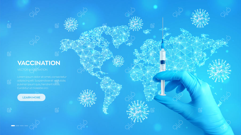 دست با دستکش آبی پزشکی سرنگ واکسن را نگه داشته است. واکسن کووید-۱۹. کمپین واکسیناسیون یا ایمن‌سازی. نقشه جهان. مفهوم توقف همه‌گیری. تصویرسازی وکتور.