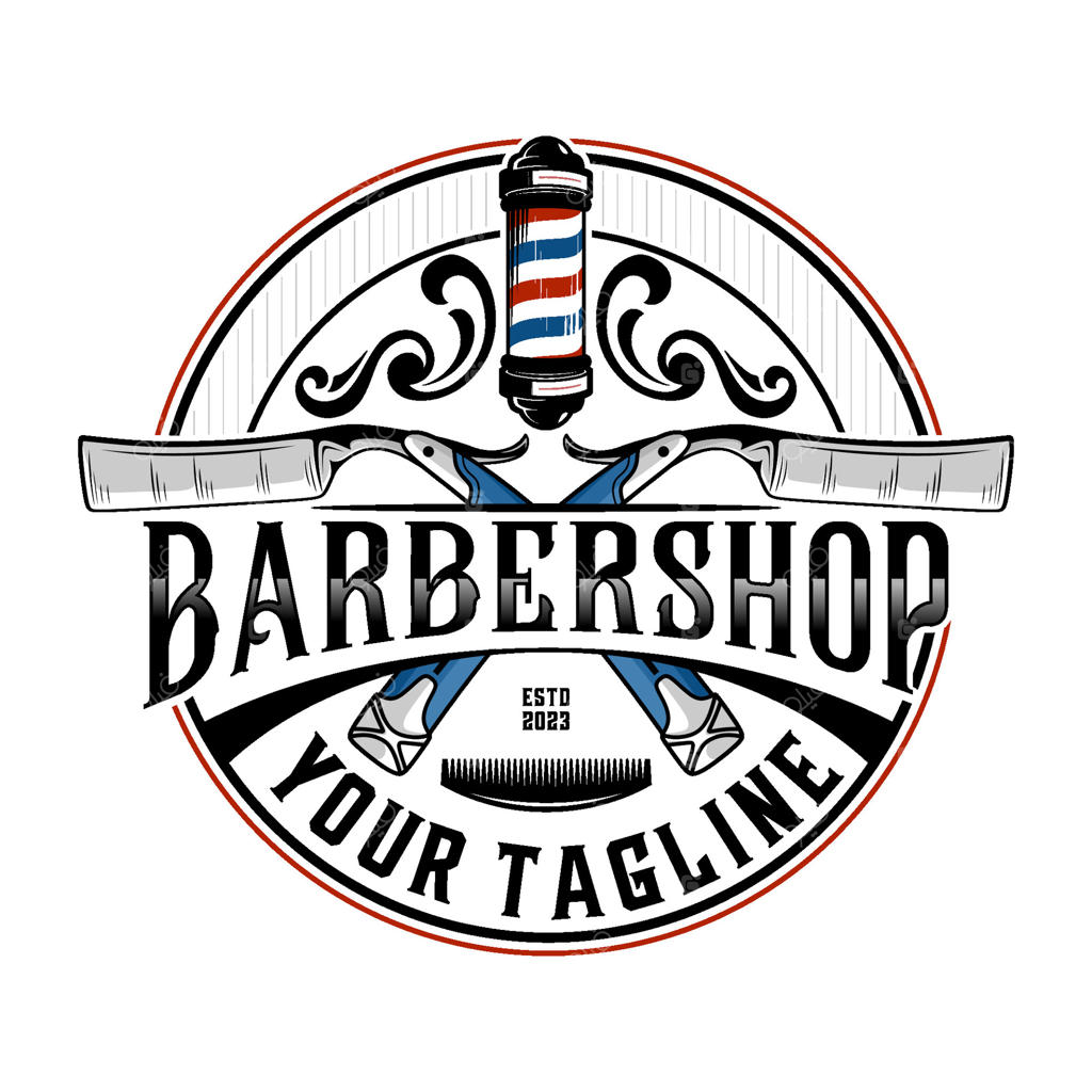 لوگوی آرایشگاه: پایه آرایشگری و تیغ در قاب تزئینی با سبک وینتیج، مناسب برای آرایشگاه و سالن کوتاهی مو.