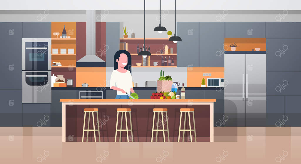 دکوراسیون مدرن آشپزخانه و دختر جوان مشغول تهیه سالاد