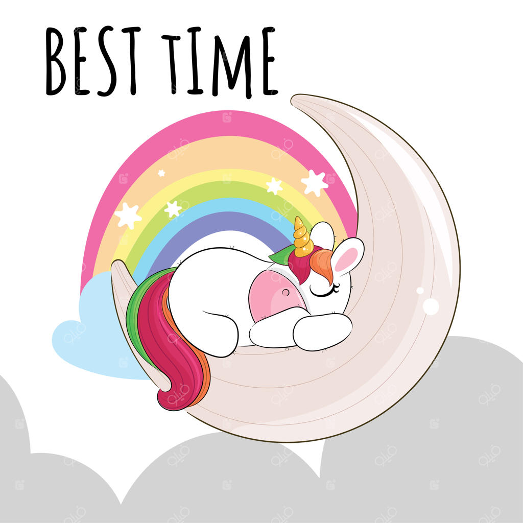 تصویر کارتونی یونیکورن بامزه خوابیده روی ماه برای کودکان. شخصیت یونیکورن دوست‌داشتنی