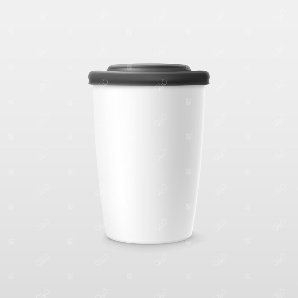 تصویرسازی از لیوان قهوه سفید با درب مشکی بر روی زمینه روشن