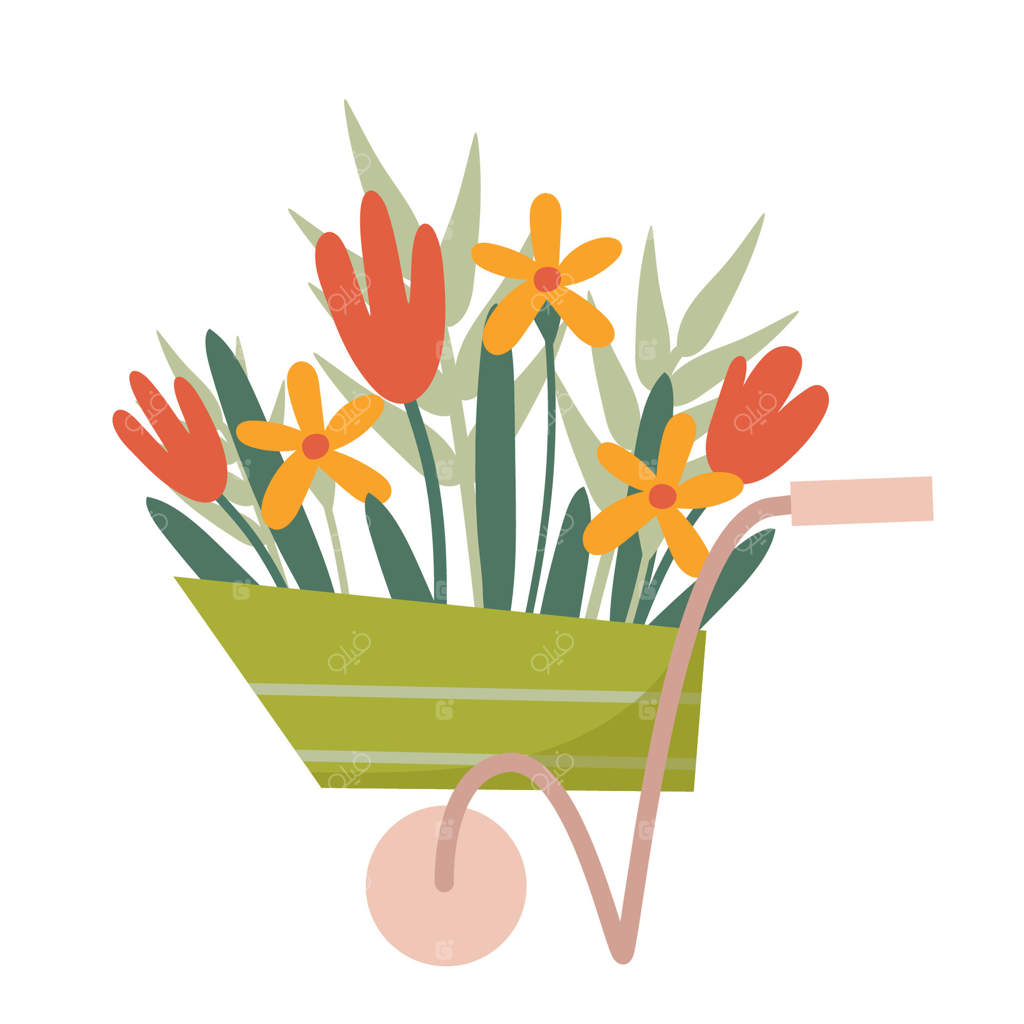 فرغون باغ روستایی با گل‌های بهاری و تابستانی - تصویرسازی گل‌های رنگارنگ شامل لاله‌ها و مرواریدهای زیبا