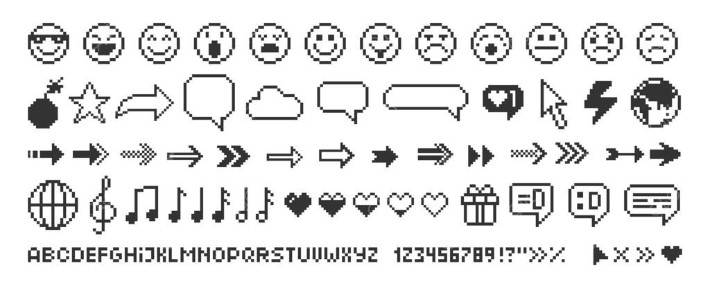 مجموعه موسیقی و نمادها، فلش‌های ایموجی، حباب گفت‌وگو و حروف. هنر پیکسل.