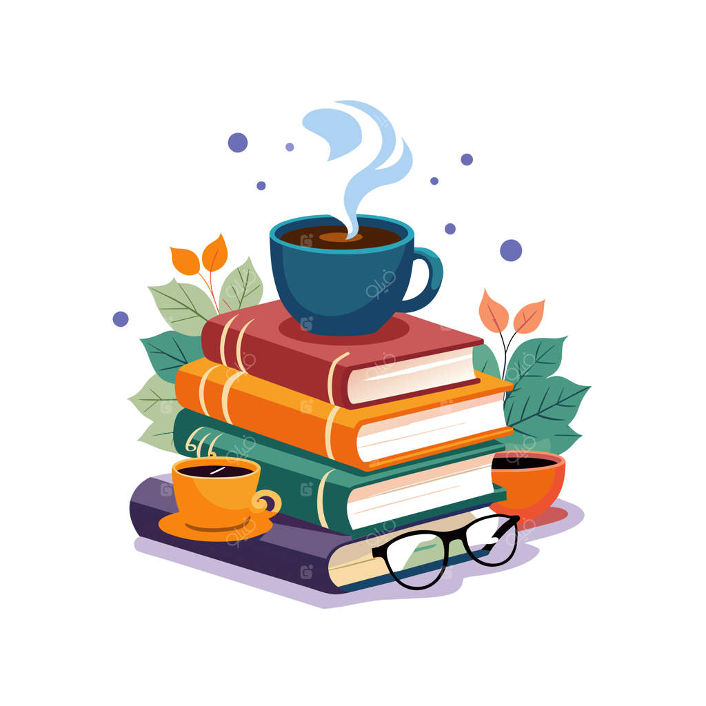 چیدمانی از کتاب‌ها با یک فنجان قهوه و کتابی در بالا