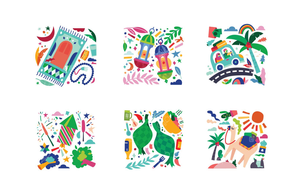 وکتور تصویرسازی رنگارنگ مجموعه آیکون‌های جشن عید و رمضان مبارک ۱۴۴۲ هجری