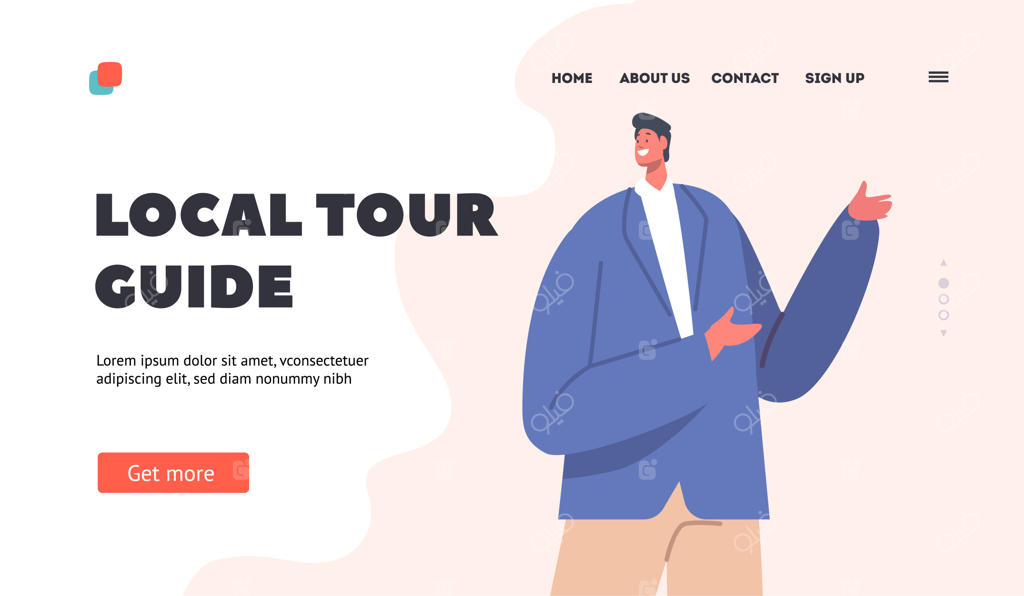 قالب صفحه فرود راهنمای تور محلی؛ کاراکتر مرد با کت آبی در حال معرفی جاذبه‌های دیدنی به گردشگران