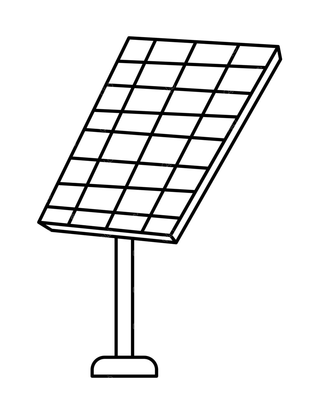 نماد پنل خورشیدی سیاه و سفید، تصویر خطی منبع انرژی جایگزین. مفهوم برق خورشیدی. نماد روز زمین. آیکون کاهش انتشار یا صفحه رنگ‌آمیزی