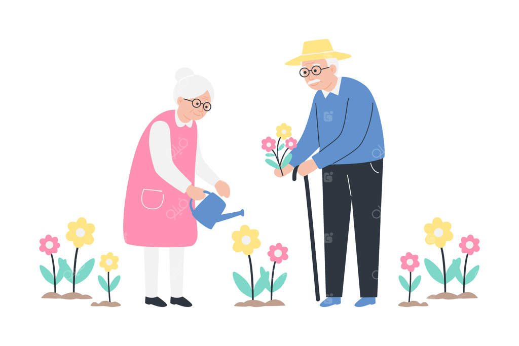 یک زوج مسن در حال آبیاری گل‌ها و مراقبت از باغشان در لحظه‌ای محبت‌آمیز