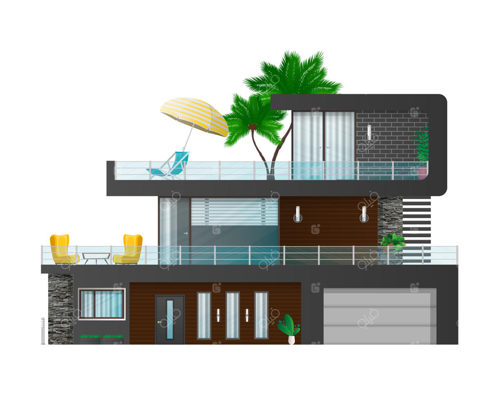 خانه مدرن و بزرگ سه‌طبقه: کلبه یا خانه شهری با سایه‌ها. تجسم معماری کلبه از بیرون.