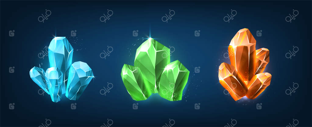 تصویر آیکون وکتور. کریستال‌ها و سنگ‌های قیمتی؛ یاقوت رنگارنگ، کوارتز و زمردها.