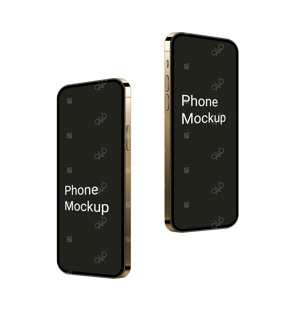 موکاپ واقع‌گرایانه گوشی موبایل طلایی در حال پرواز - صحنه سه‌بعدی با مدل گوشی 12 و صفحه خالی