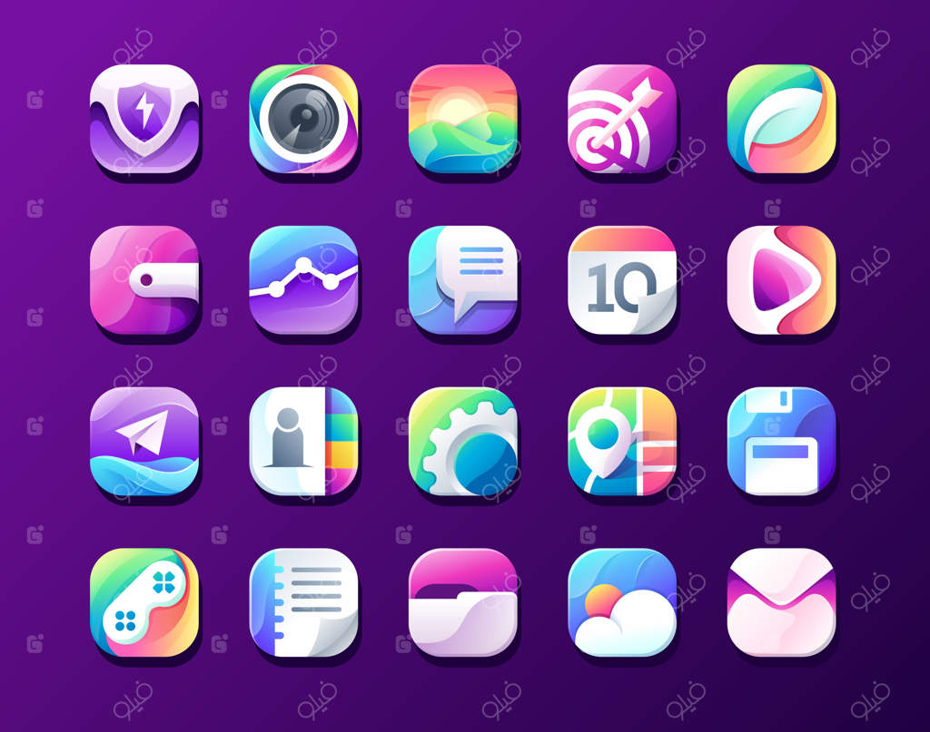 آیکون منوی گوشی هوشمند: امنیت، دوربین، تصویر، هدف، برگ ارگانیک، کیف پول