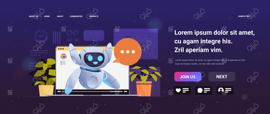 ربات سایبورگ بامزه با حباب گفت‌وگو روی صفحه‌نمایش لپ‌تاپ — شخصیت مدرن روباتیک و فناوری هوش مصنوعی با فضای خالی برای متن، تصویری کارتونی