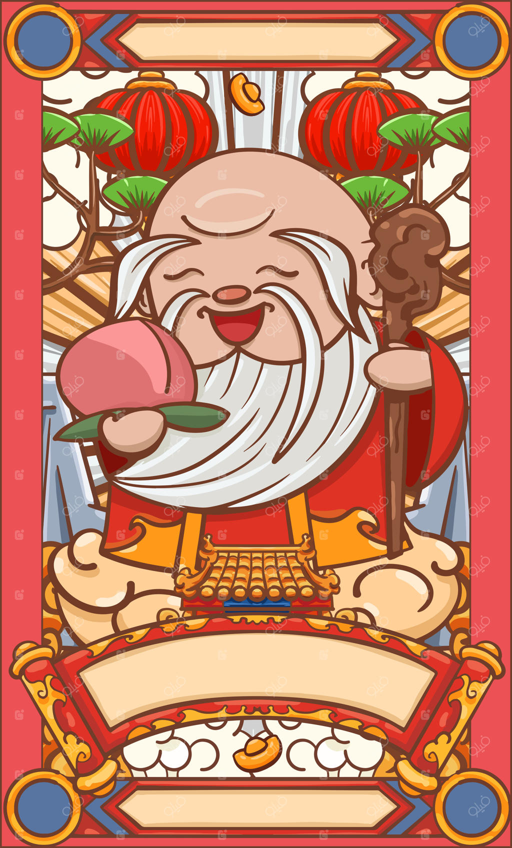 طراحی کارتونی دستی از نمادهای چینی برای سالمندان با عمر طولانی