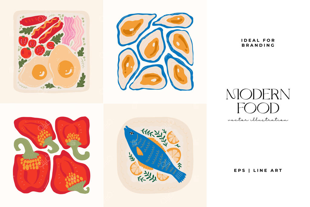 پوستر رستوران مدرن و ترندی با المان‌های انتزاعی غذا و ترکیب‌بندی سالم به سبک مینیمال و ماتیس