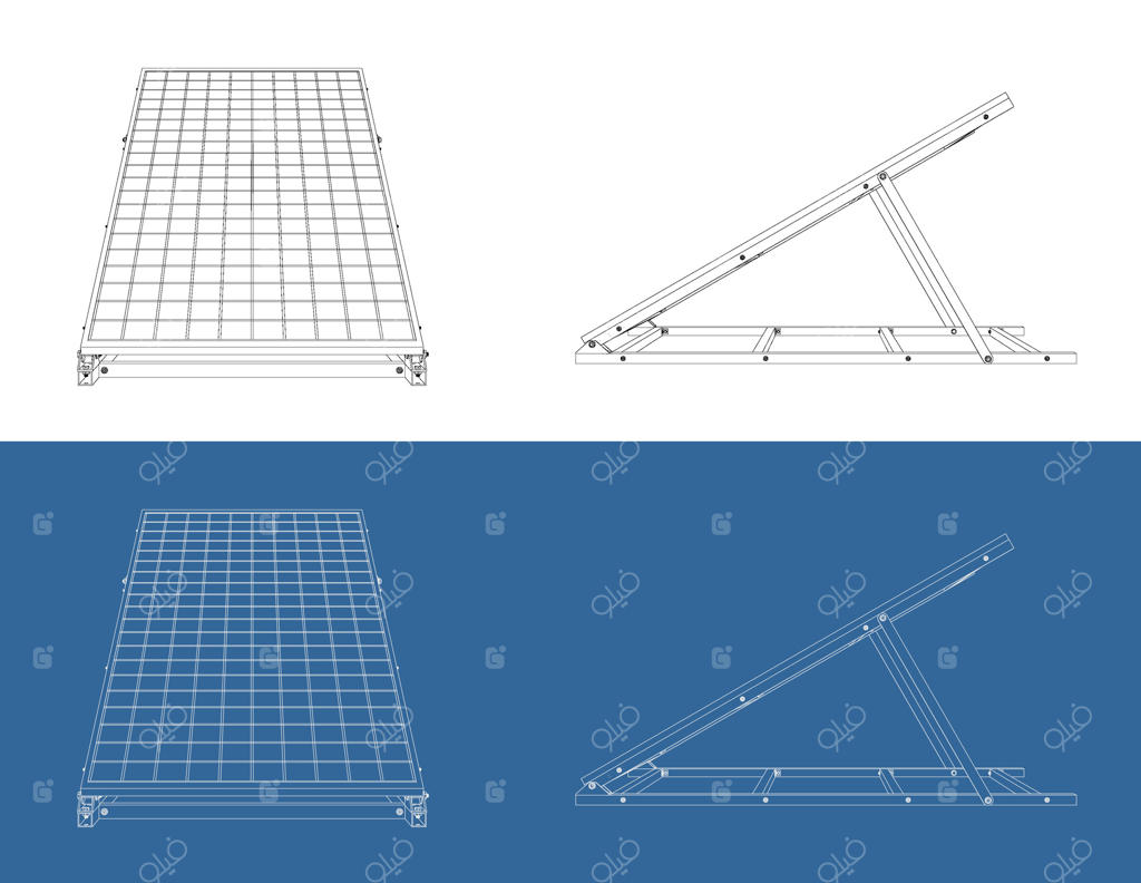 نقشه فنی ایزومتریک با جزئیات از آرایه پنل خورشیدی با براکت نصب، به سبک نقشه‌کشی مهندسی