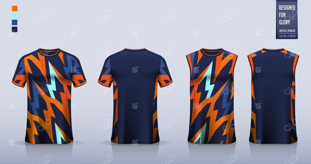 طرح تی‌شرت و پیراهن ورزشی برای لباس فوتبال و لباس تیم. رکابی برای پیراهن بسکتبال یا تاپ دویدن.