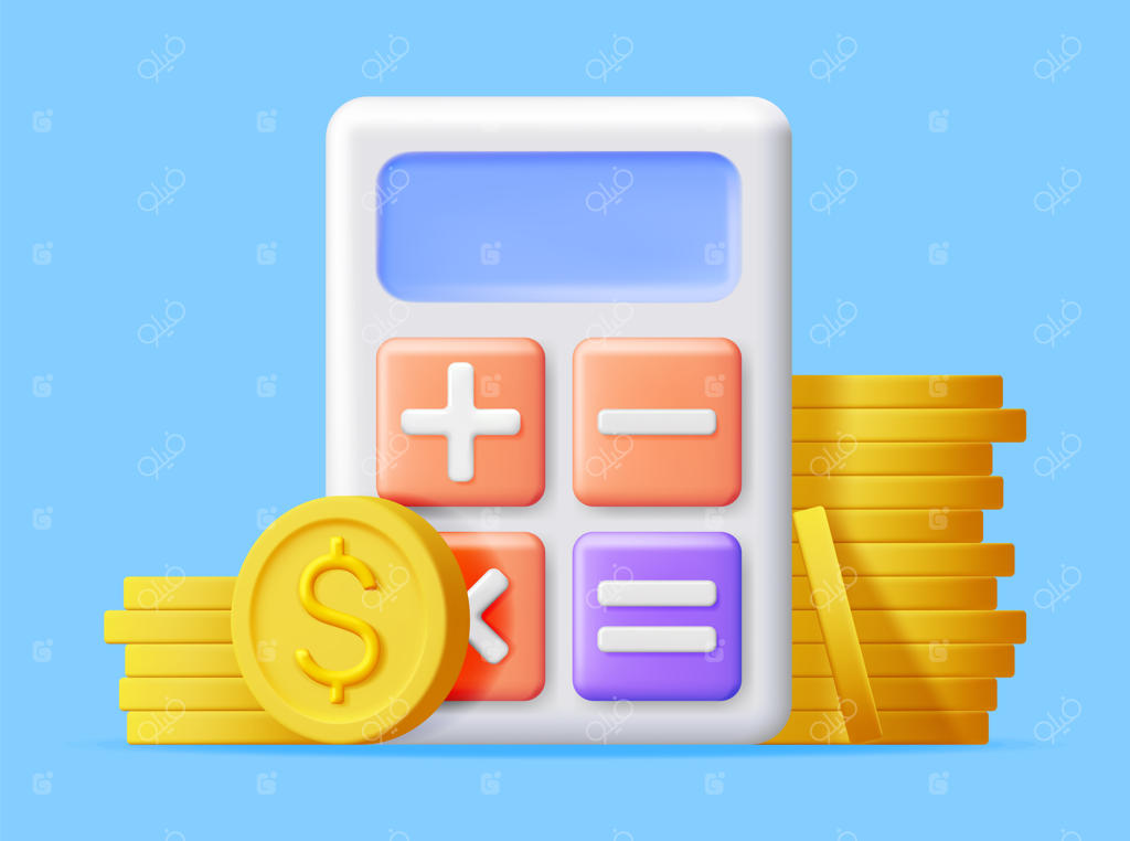 ماشین حساب سه‌بعدی مدرن با سکه‌های طلا