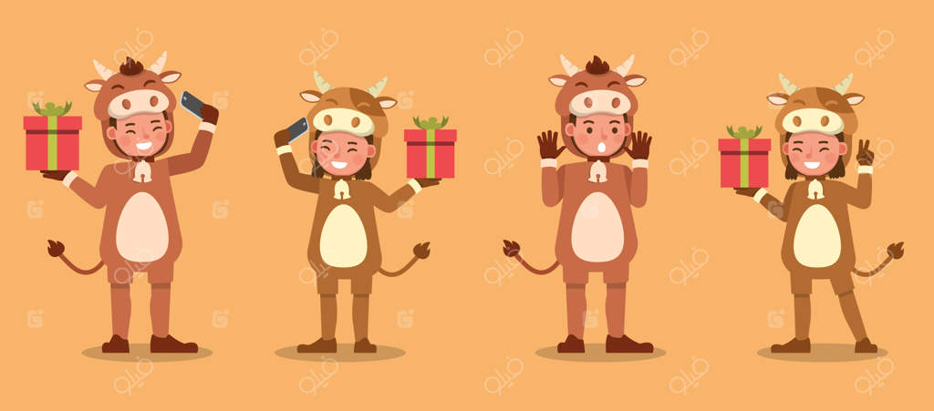 پسر و دختر با لباس گاو. نمایش در حالت‌ها و احساسات مختلف.