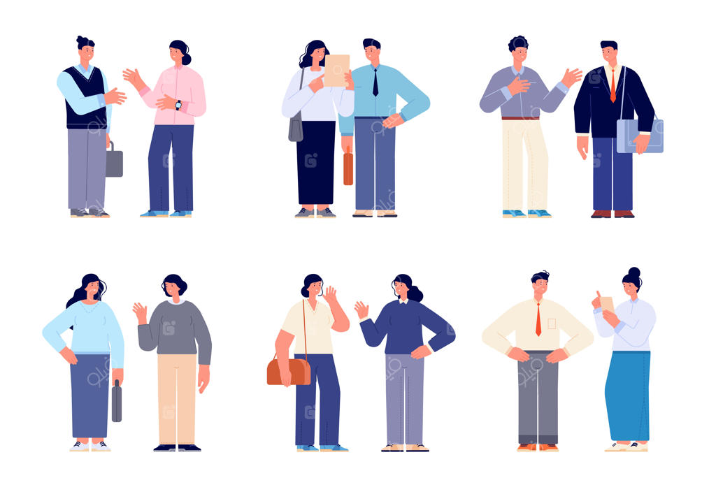 گفت‌وگوی کارمندان دفتر: شخصیت‌های جلسه - گفتگو بین افراد تجاری - مرد و زن رسمی - کاریکاتور کارکنان متنوع