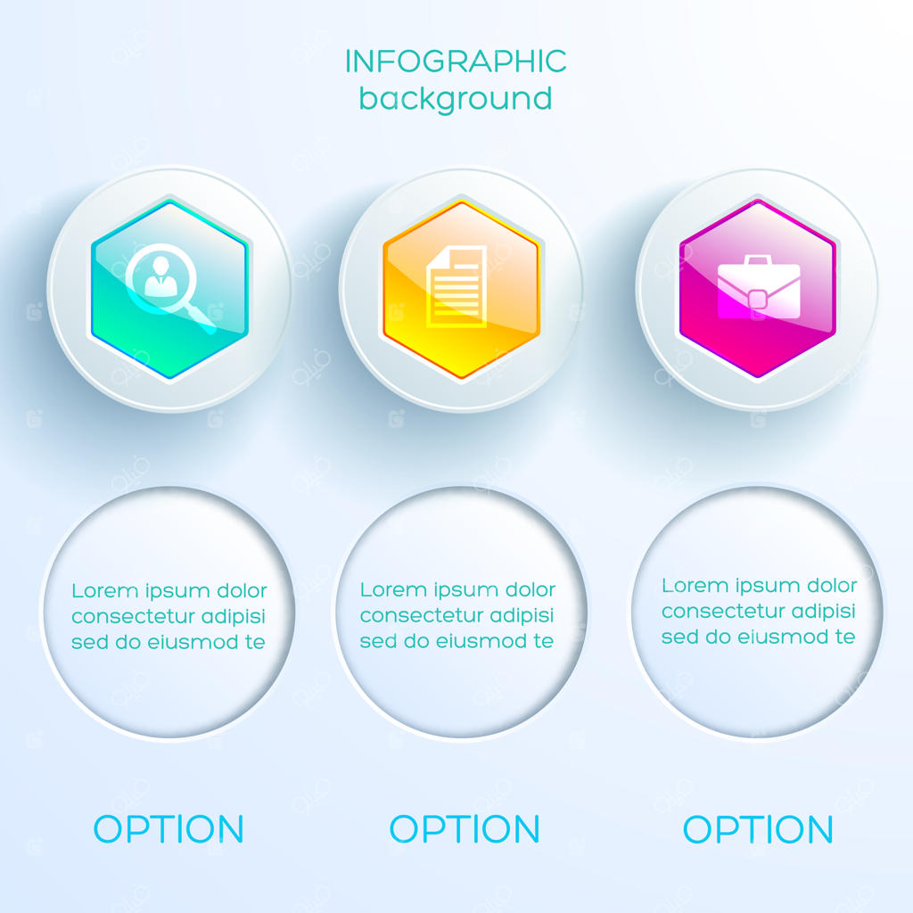 قالب اینفوگرافیک تجاری با سه شش‌ضلعی رنگارنگ و براق، دایره‌های نورانی و آیکون‌ها