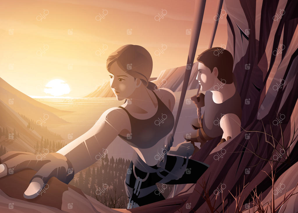 تصویر زوج جوانی که از صخره بالا می‌روند با پس‌زمینه‌ای از منظره زیبای خور رودخانه و طلوع خورشید