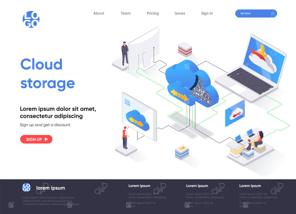 صفحه فرود برای ذخیره‌سازی ابری به سبک ایزومتریک