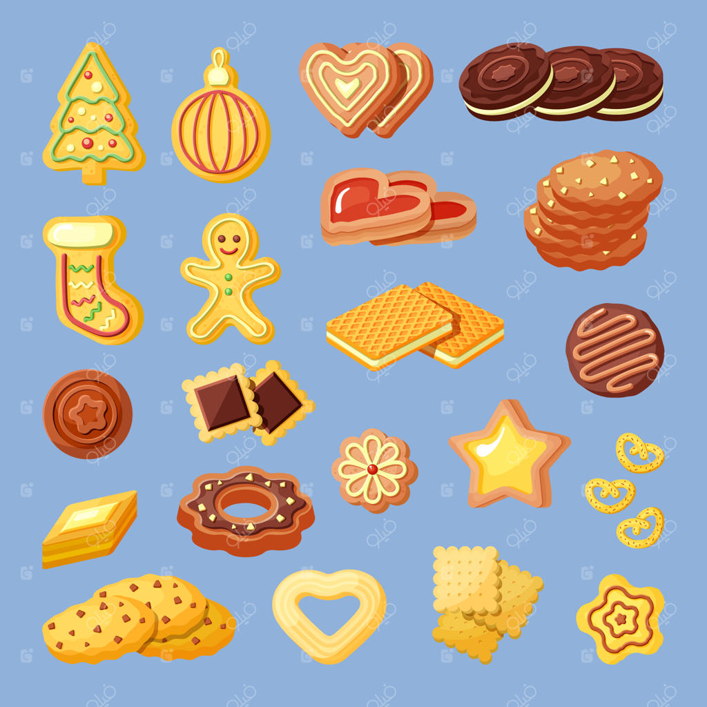مجموعه‌ای از تصاویر مسطح بیسکوئیت، تنقلات و محصولات نانوایی. شیرینی‌ها، کوکی‌ها و وافل‌ها، کلکسیونی از رنگ‌های زنجبیلی.