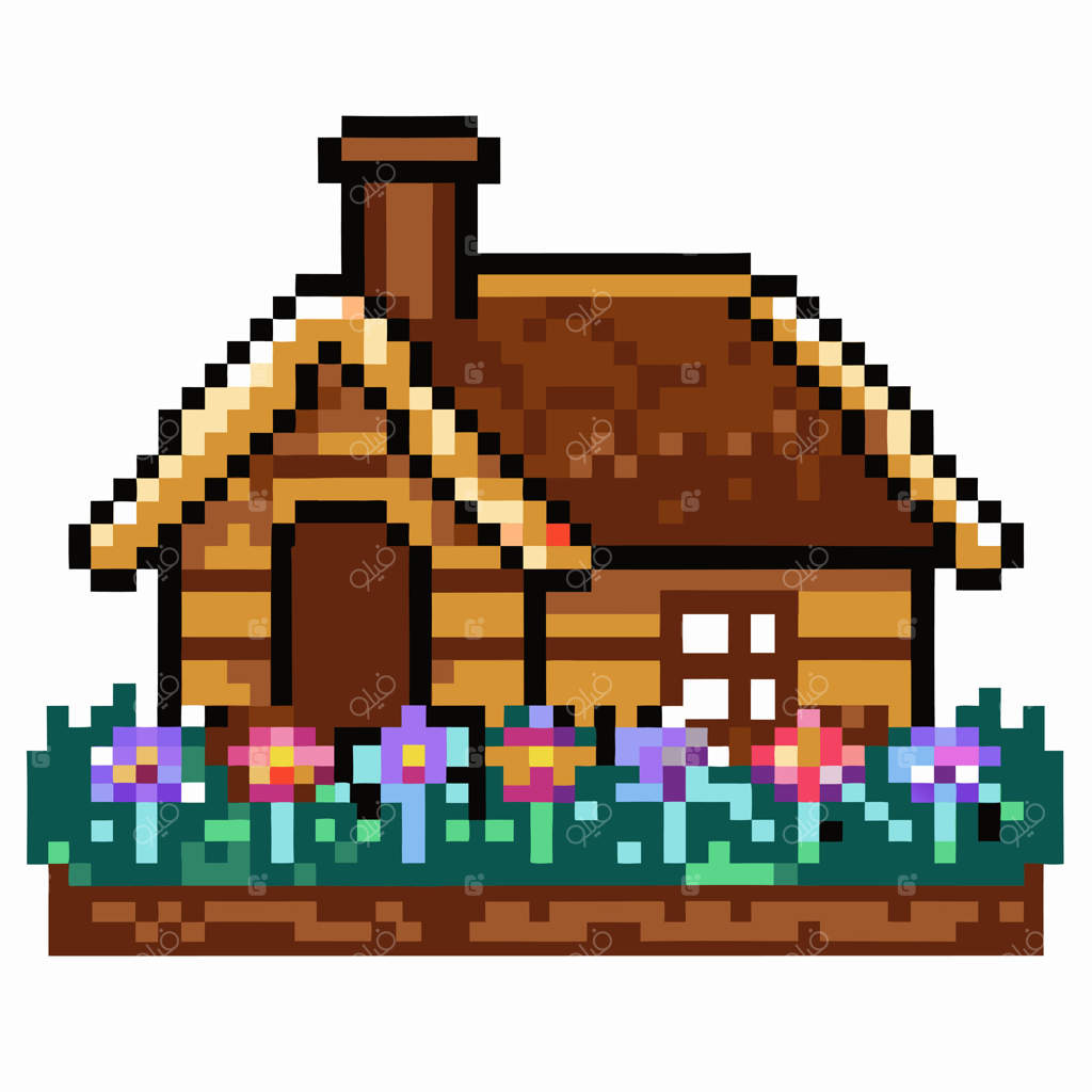 کلبه پیکسل آرت با باغ رنگارنگ به سبک رترو