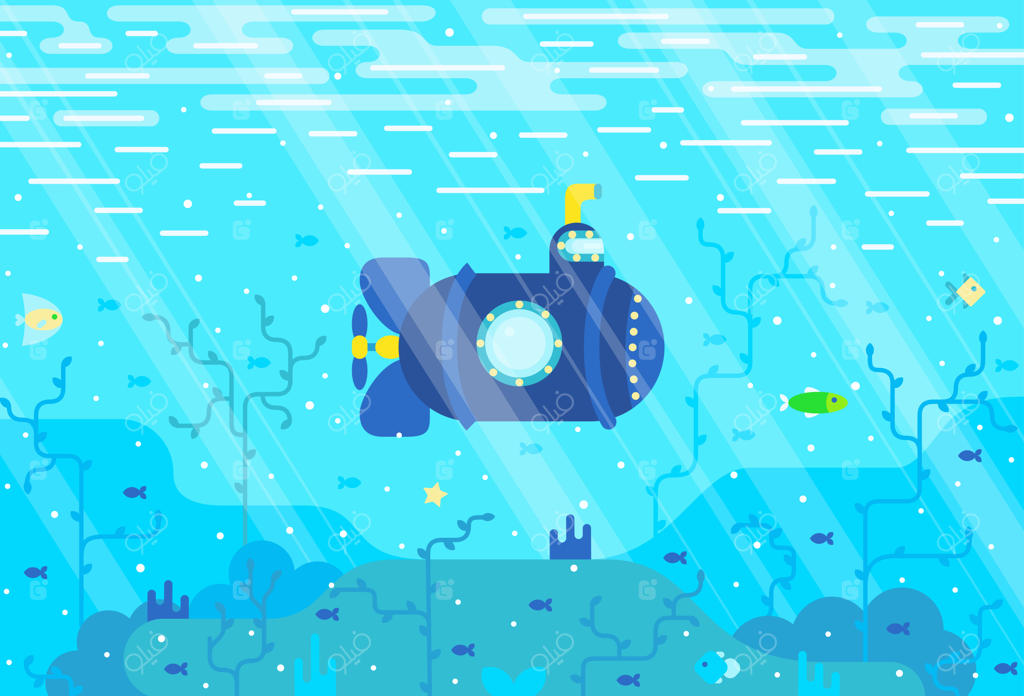 زیر دریایی آبی کارتونی در میان ماهی‌ها و جلبک‌ها زیر آب