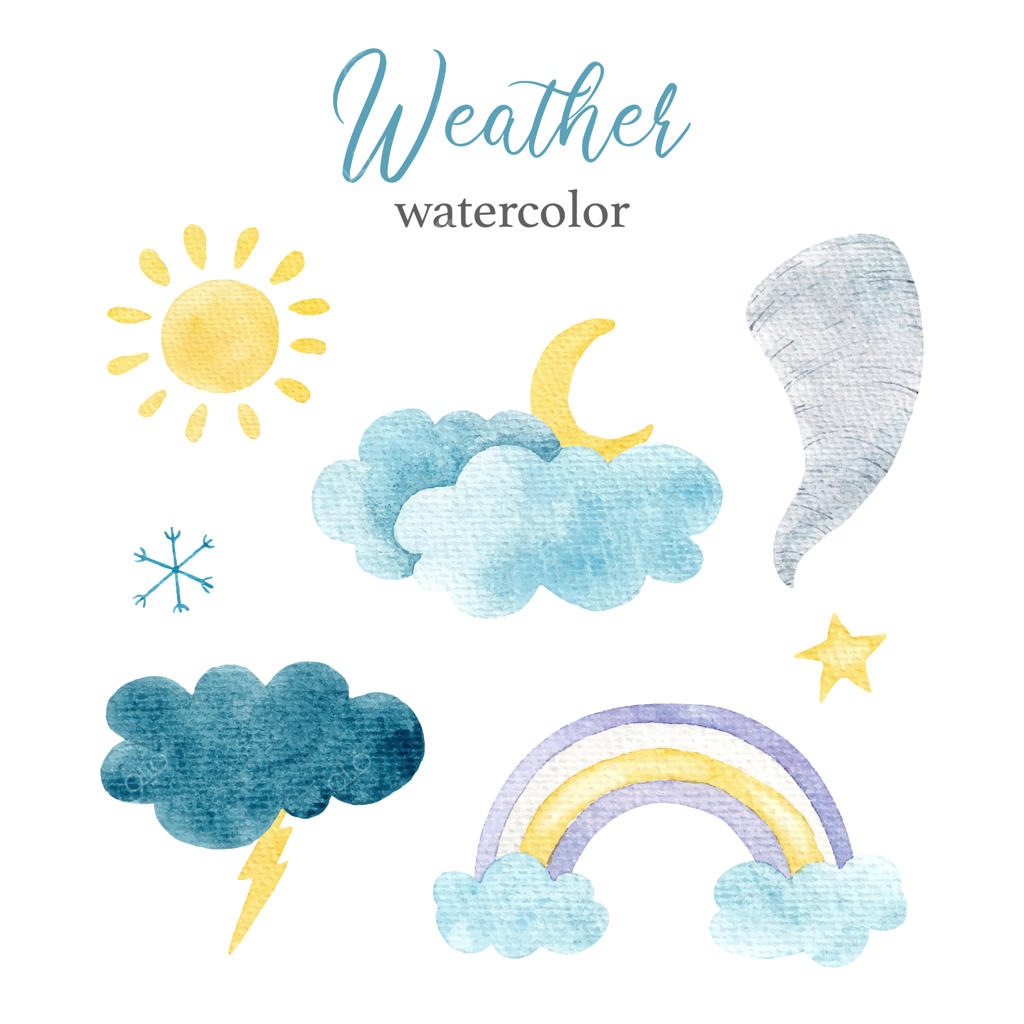 مجموعه نقاشی آبرنگی: خورشید، ماه، رنگین‌کمان، ابرها، گردباد، رعد و برق، باران، دانه برف و ستاره‌ها