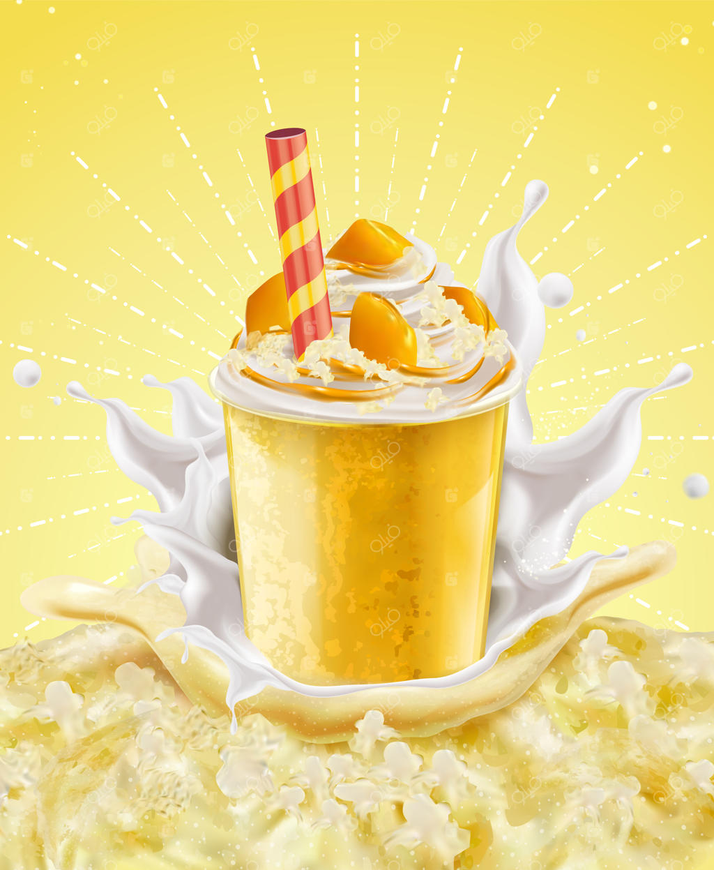 لیوان بیرون‌بر یخ در بهشت انبه با پاشش شیر در پس‌زمینه زرد یخی