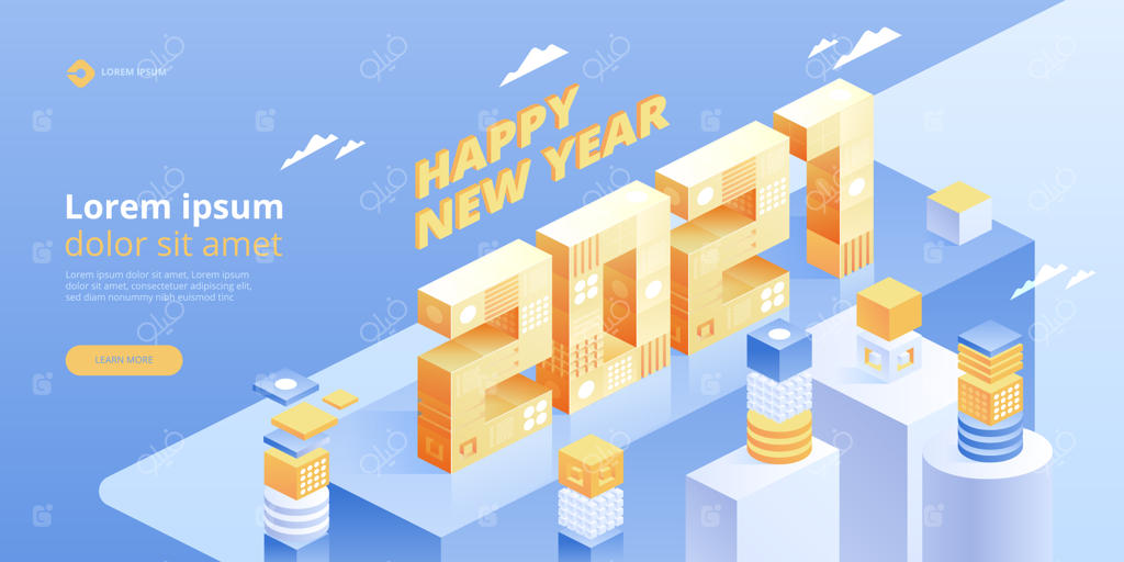 سال نو مبارک. ایده‌های نوآورانه جدید. فناوری‌های دیجیتال. فناوری ایزومتریک برای پوسترها و بنرهای تعطیلات سال نو. تصویرسازی با عناصر هندسی مدرن